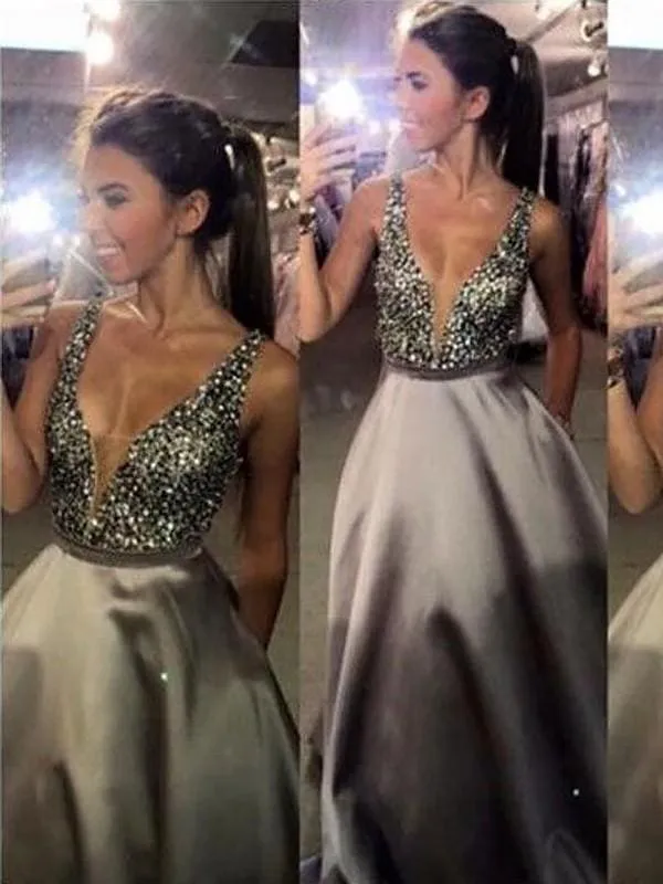 B| Bridelily A-Line V-Neck Sleeveless Sweep/Brush Train With Beading Satin Dresses