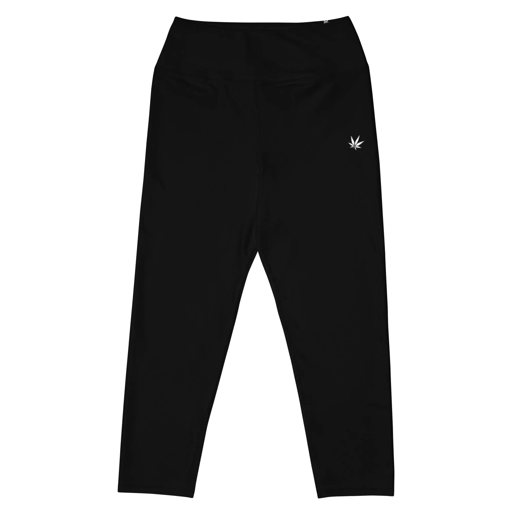 Black Yoga Capri Leggings With White Weed Leaf