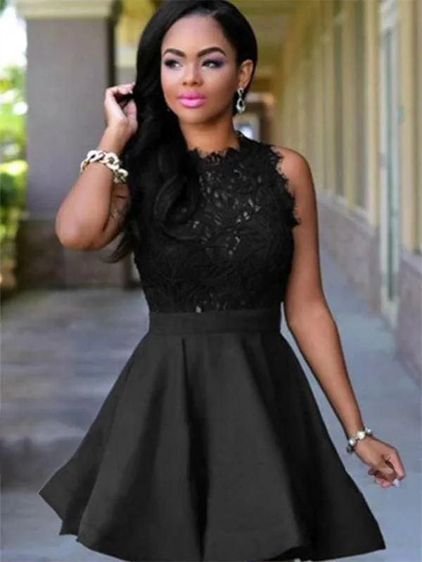 Bridelily A-Line Jewel Sleeveless Short/Mini With Lace Satin Dresses