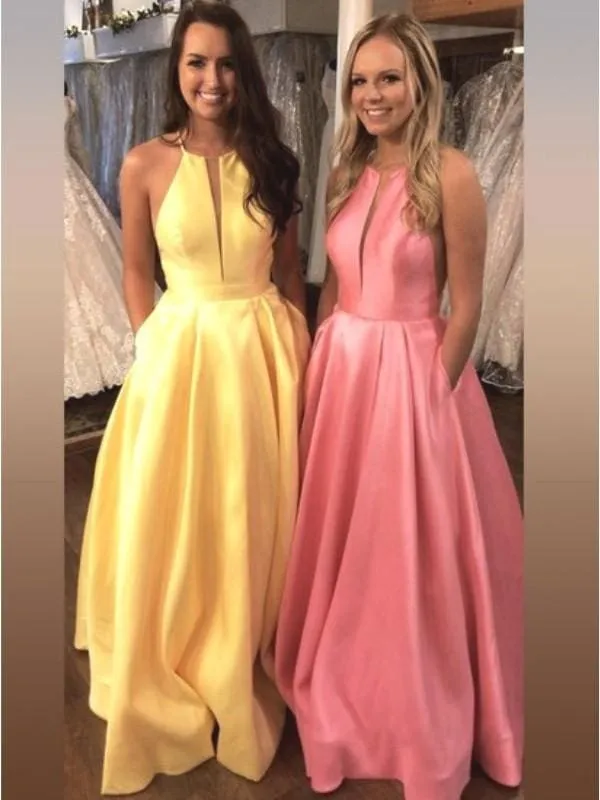 Bridelily A-Line Sleeveless Halter Sweep/Brush Train With Ruffles Satin Dresses