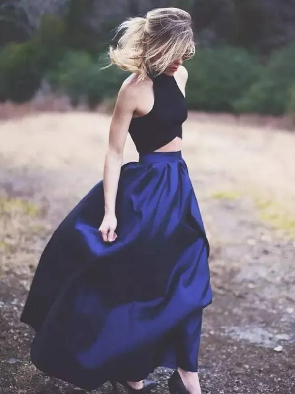 Bridelily A-Line Sleeveless Halter Sweep/Brush Train With Ruffles Satin Two Piece Dresses