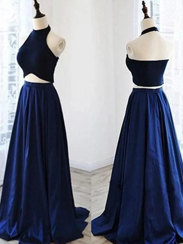 Bridelily A-Line Sleeveless Halter Sweep/Brush Train With Ruffles Satin Two Piece Dresses