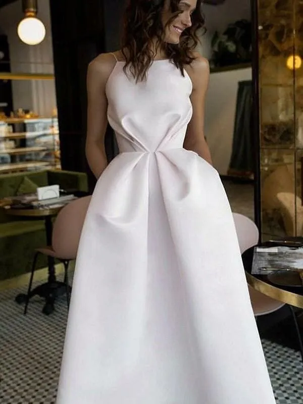 Bridelily A-Line Sleeveless Halter Tea-Length With Ruffles Satin Dresses