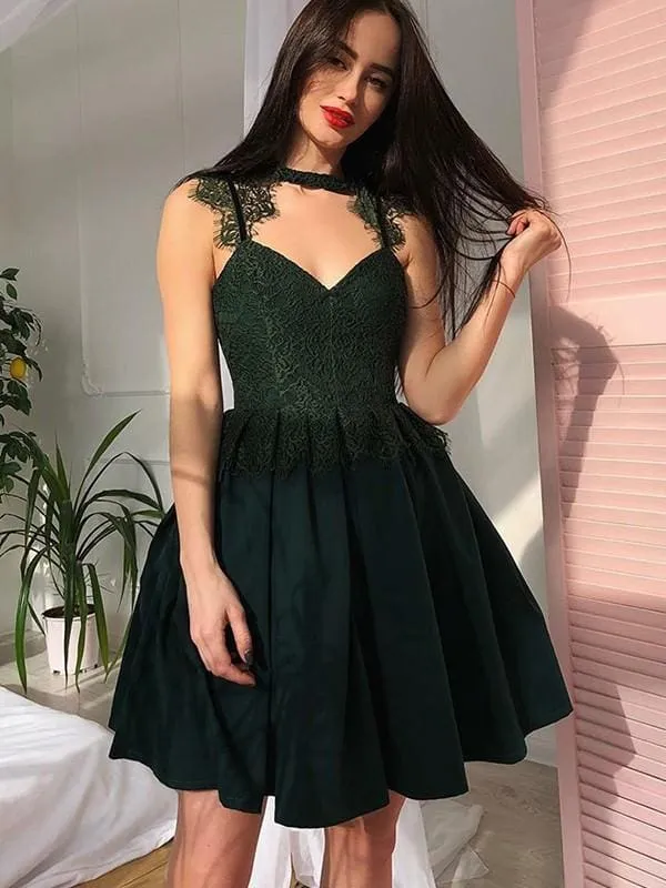 Bridelily A-Line V-Neck Lace Sleeveless Satin With Ruched Short/Mini Dresses