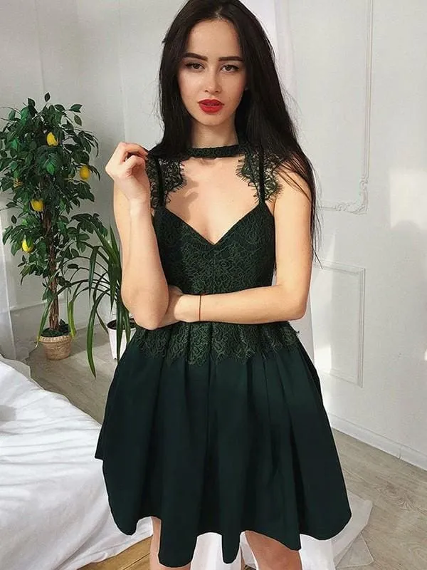 Bridelily A-Line V-Neck Lace Sleeveless Satin With Ruched Short/Mini Dresses