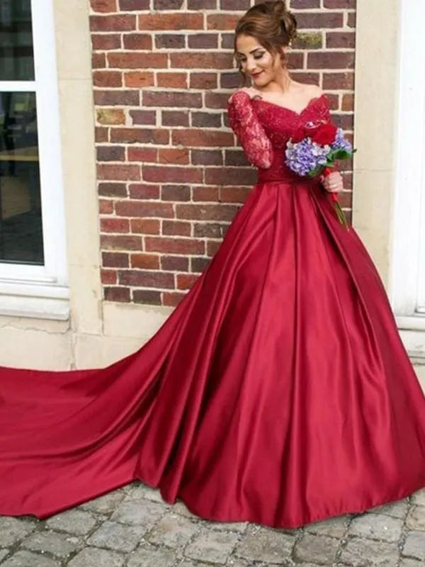 Bridelily A-Line V-Neck Long Sleeves Sweep/Brush Train Lace Satin Dresses