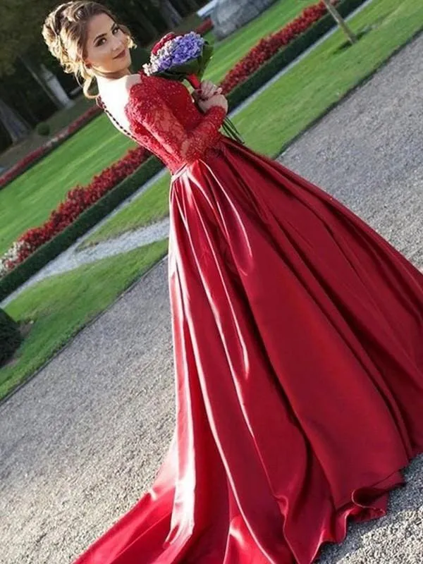Bridelily A-Line V-Neck Long Sleeves Sweep/Brush Train Lace Satin Dresses