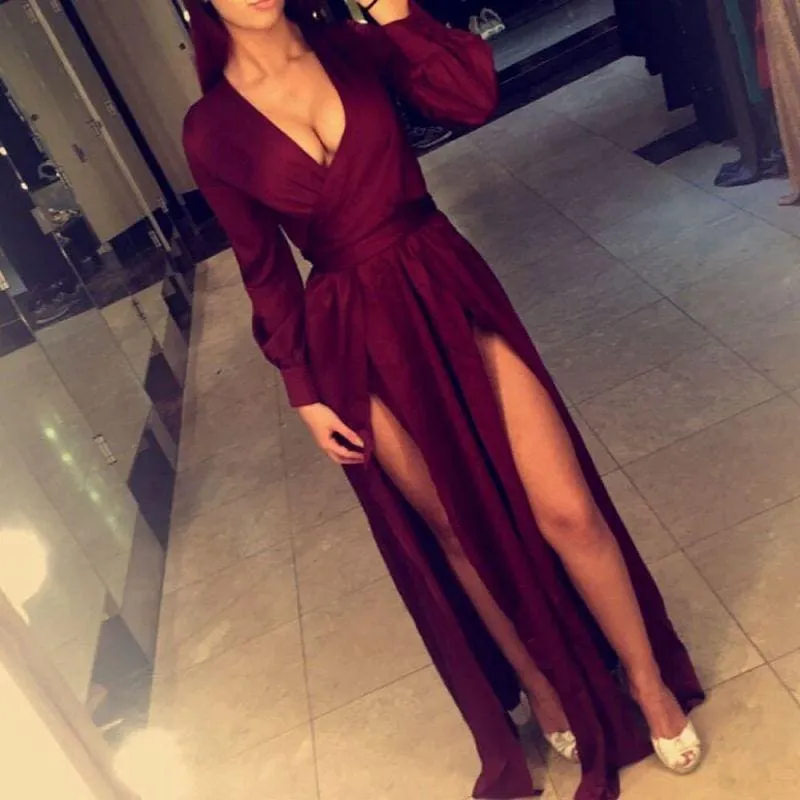 Bridelily Deep V-neck Burgundy Evening Dresses 2019 Long Sleeve Sexy Prom Gowns with Splits CE0060