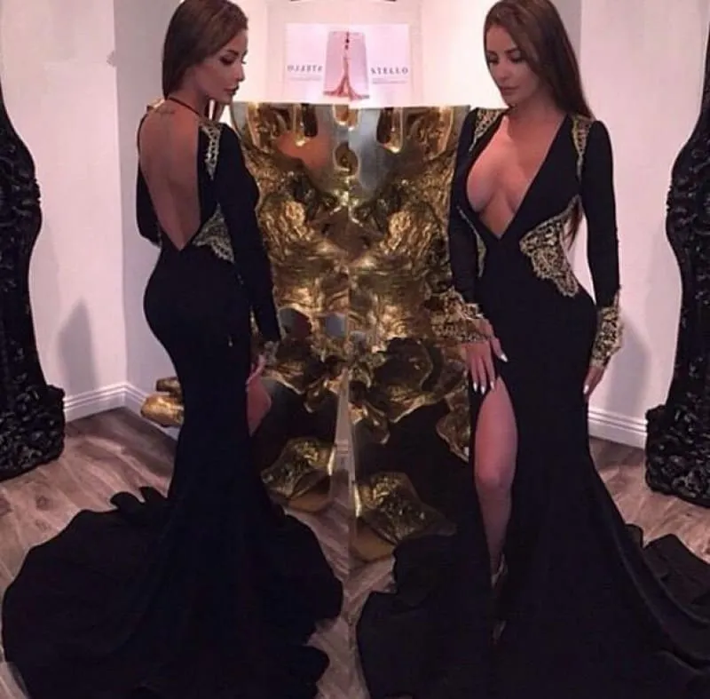 Bridelily Deep V-neck Sexy Black Evening Dresses Gold Lace Party Dresses with Slit CE086