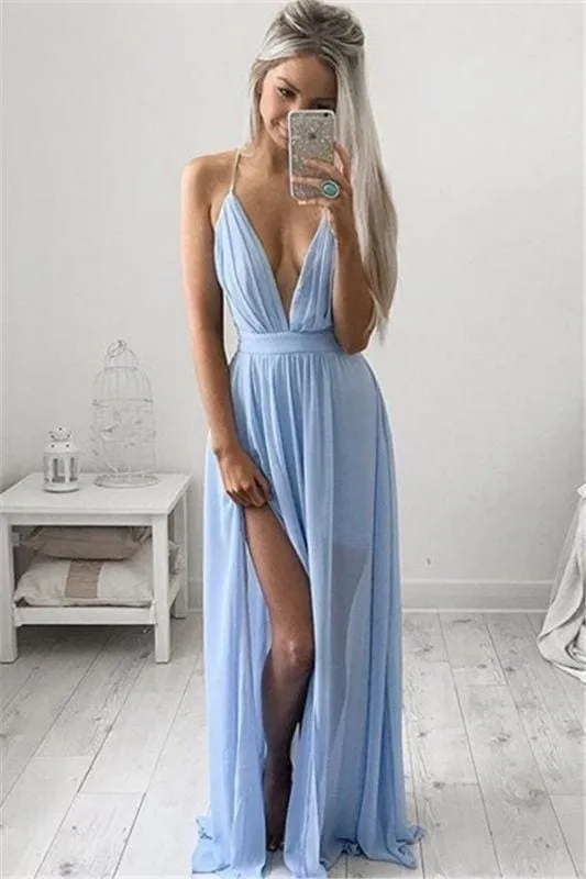 Bridelily Deep V-neck Sexy Evening Dress Spaghetti Straps baby Blue Prom Dresses 2019 CE054