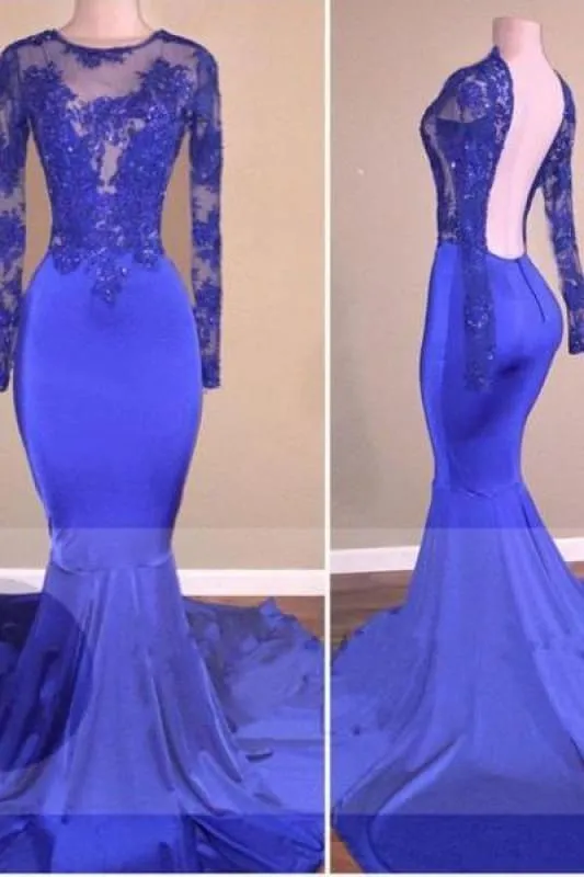 Bridelily Royal-Blue Long-Sleeves Open-Back Mermaid Shiny Sheer Prom Dresses