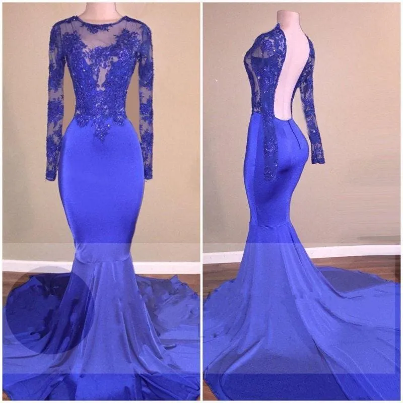 Bridelily Royal-Blue Long-Sleeves Open-Back Mermaid Shiny Sheer Prom Dresses