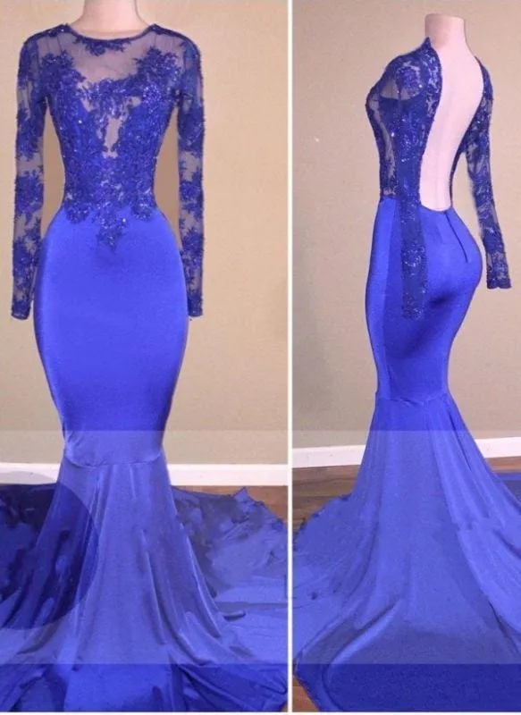 Bridelily Royal-Blue Long-Sleeves Open-Back Mermaid Shiny Sheer Prom Dresses