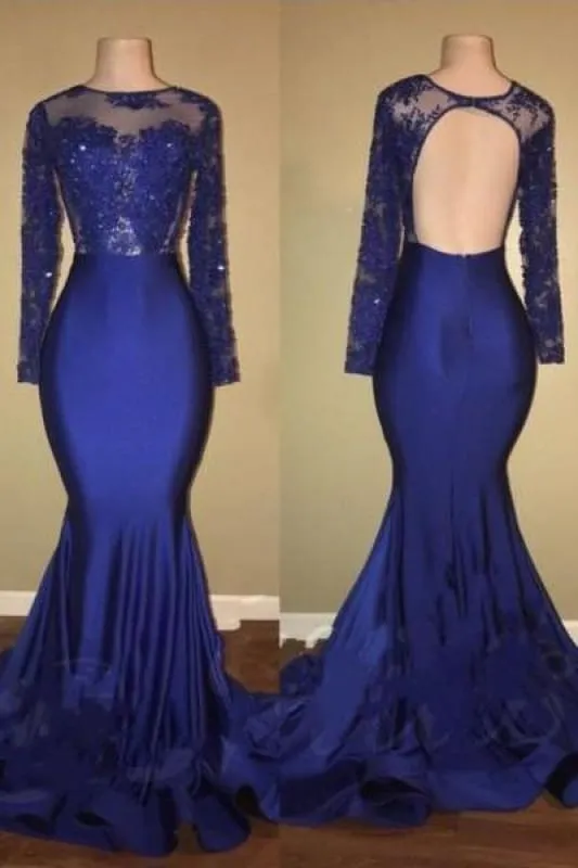 Bridelily Royal-Blue Mermaid Long-Sleeves Beaded Ruffles-Skirt Prom Dresses