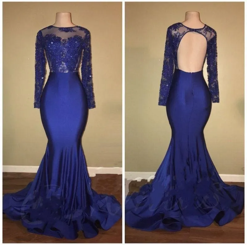 Bridelily Royal-Blue Mermaid Long-Sleeves Beaded Ruffles-Skirt Prom Dresses