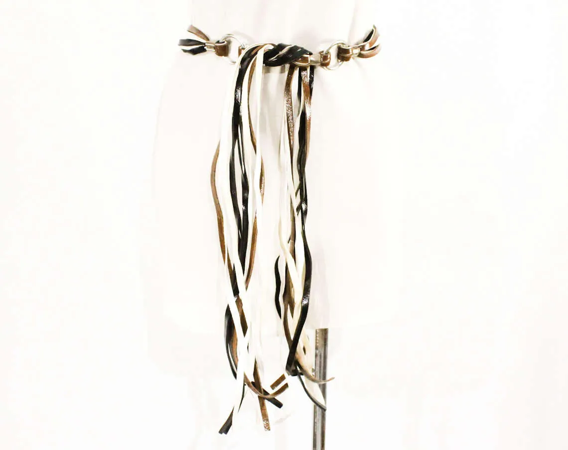Classic Hippie Belt - Small to Medium - 60s 70s Brown Black White Fringe & Silvertone Metal Rings - Faux Leather Boho 70s Rock Star Hip Belt