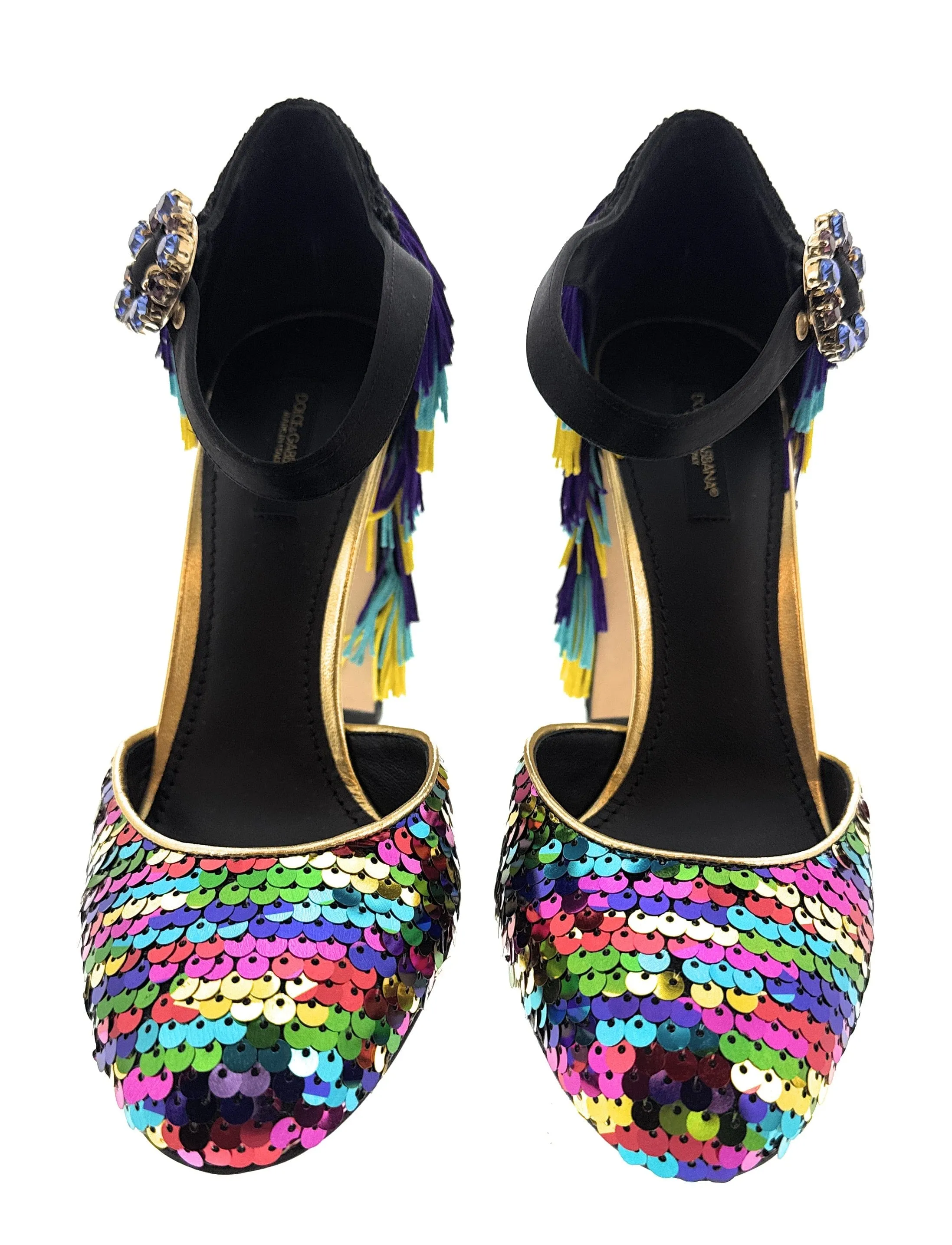 Dolce & Gabbana Multicolor Gold Rainbow SequinFringe Block Heels-EU37