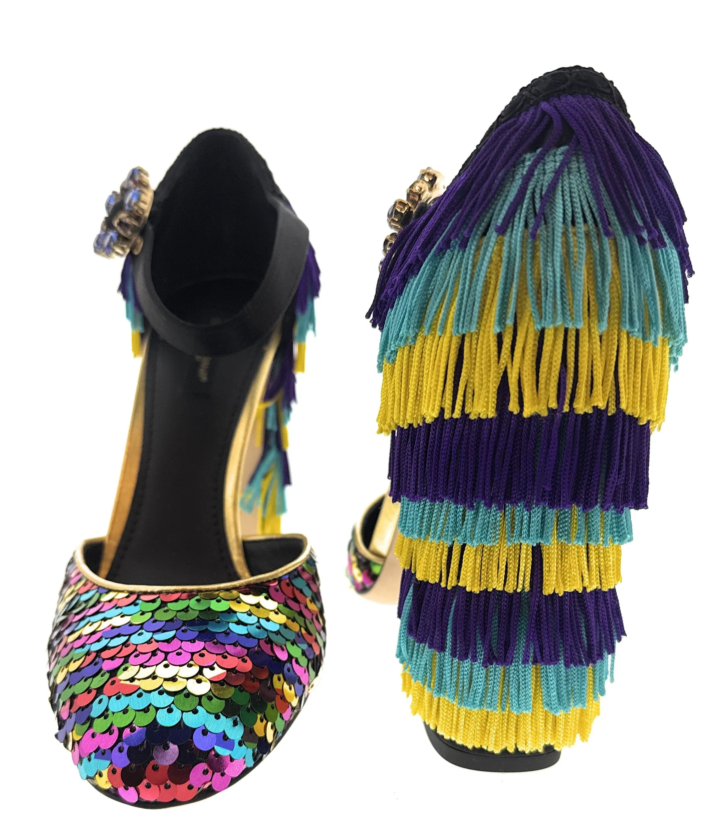 Dolce & Gabbana Multicolor Gold Rainbow SequinFringe Block Heels-EU37