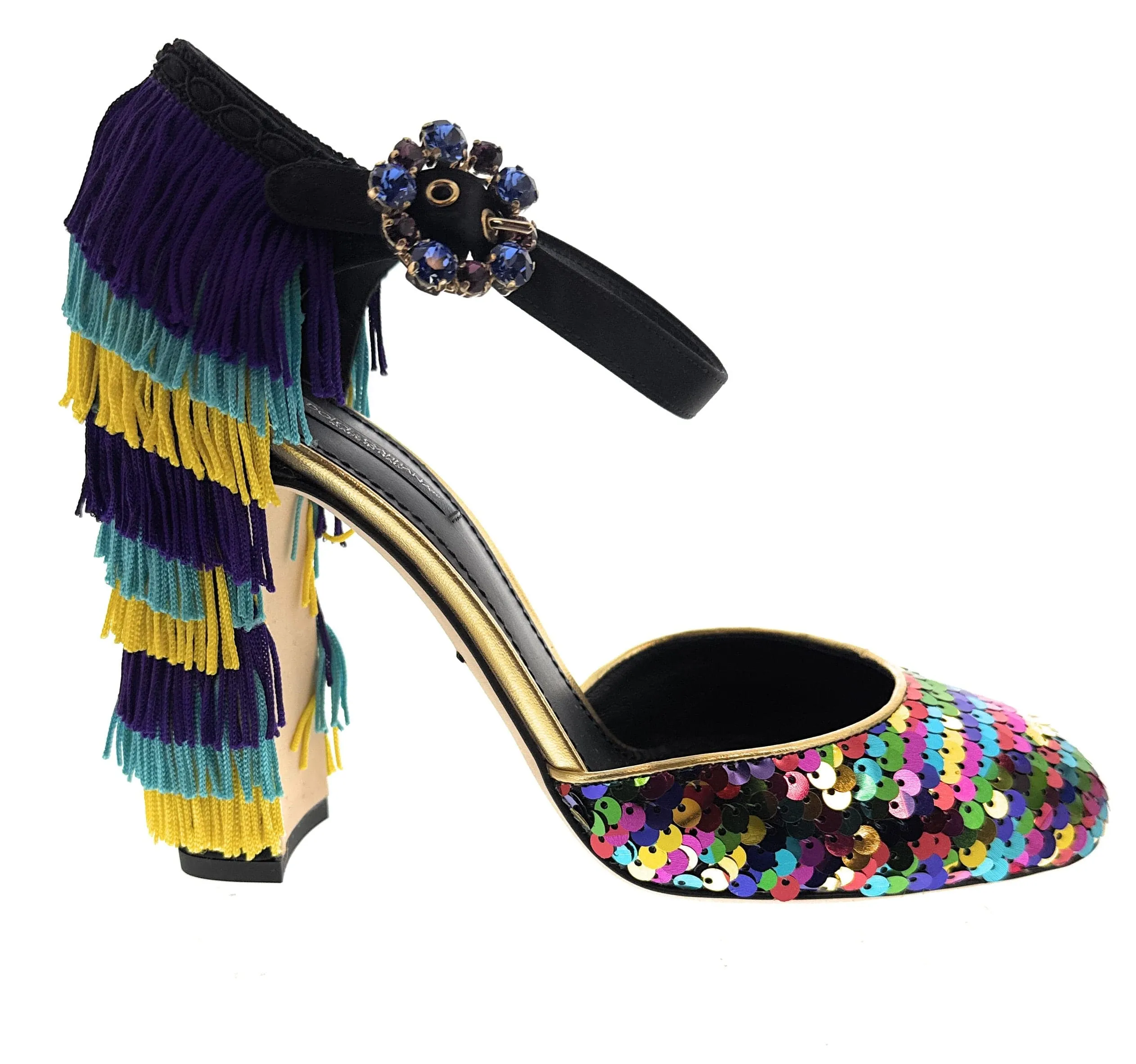 Dolce & Gabbana Multicolor Gold Rainbow SequinFringe Block Heels-EU37