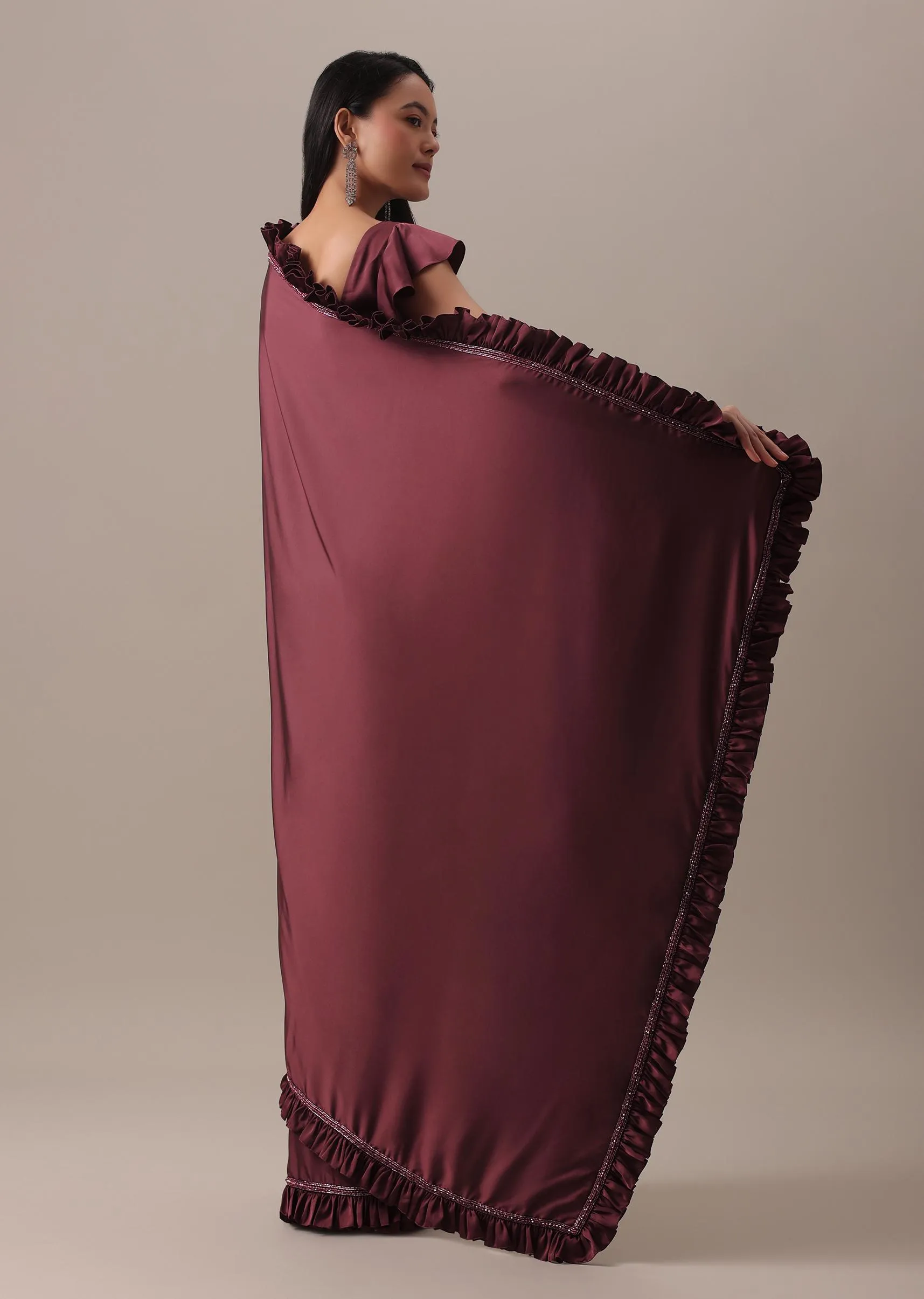 Dusty Maroon Satin Saree With Frilled Sleeved Blouses