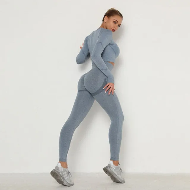Seamless Women Sport Set For Gym Long Sleeve Top High
